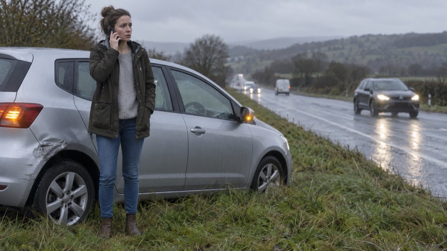 A driver on the phone beside her damaged car at the roadside