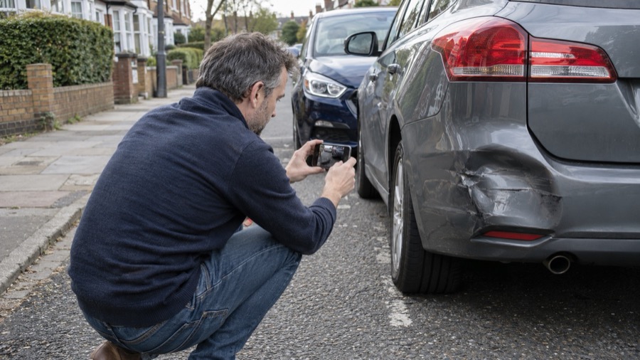 A driver photographing damage to his car's rear bumper