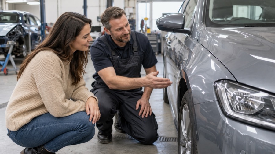 A repair technician showing a customer her repaired car